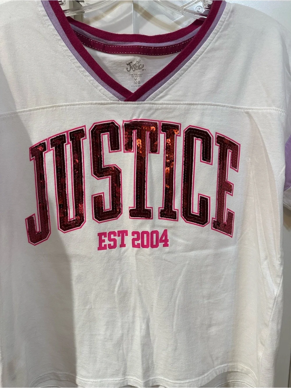 Justice Girls XL 16/18 White V-Neck Tee with Pink and Lavender Accents